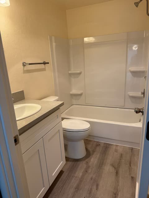 Remodeled bathroom with white vanity, new tub and surround, and plank flooring