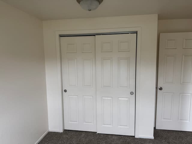 White six-panel sliding closet doors installed in a carpeted bedroom