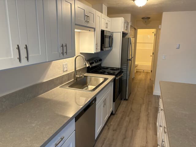 Remodeled galley kitchen with white shaker cabinets, gray countertops, stainless appliances, and wood-look plank flooring